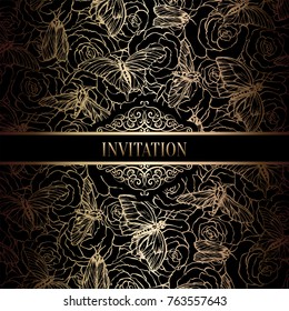 Vintage baroque Wedding Invitation template with butterfly background. Traditional decoration for wedding. Vector illustration in black and gold.