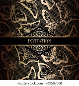 Vintage baroque Wedding Invitation template with butterfly background. Traditional decoration for wedding. Vector illustration in black and gold.