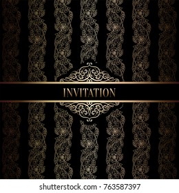 Vintage baroque Wedding Invitation template with damask background. Tradition decoration for wedding. Vector illustration in black and gold.