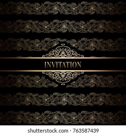 Vintage baroque Wedding Invitation template with damask background. Tradition decoration for wedding. Vector illustration in black and gold.