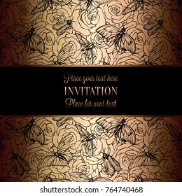Vintage baroque Wedding Invitation template with butterfly background. Traditional decoration for wedding. Vector illustration in black and gold.
