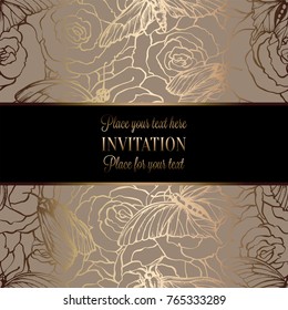 Vintage baroque Wedding Invitation template with butterfly background. Traditional decoration for wedding. Vector illustration in beige and gold.