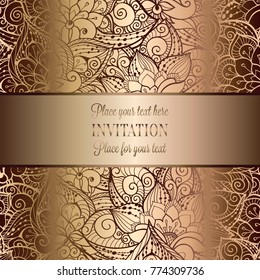 Vintage baroque Wedding Invitation template with butterfly background. Traditional decoration for wedding. Vector illustration in beige and gold.