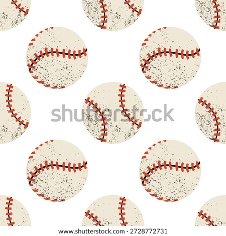 Vintage baseball balls seamless pattern with red stitches and grainy grunge texture.
