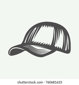 Vintage baseball cap in retro style. Monochrome graphic art. Vector Illustration.