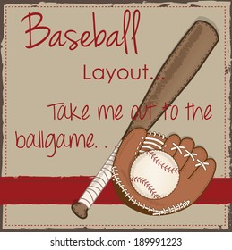 Vintage baseball ,glove or mitt and wooden bat layout for scrapbooking, cards or backgrounds, vector format