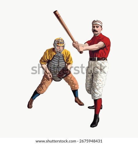Vintage baseball illustration featuring two male players in classic uniforms. One holds a bat, the other in catcher's gear. Retro baseball theme, nostalgic sports vibe. Vintage man illustration vector