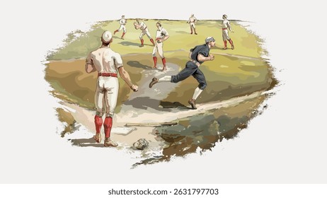 Illustration de baseball Vintage avec des joueurs en action sur un terrain. Scène sportive rétro montrant des athlètes en uniforme classique, capturant un moment de baseball nostalgique. Image vectorielle de caractères Vintage.