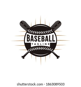 Vintage baseball logo with crossed wooden bat and ball icon vector on white background