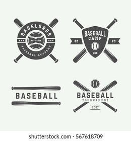 Vintage baseball logos, emblems, badges and design elements. Vector illustration. Monochrome Graphic Art.

