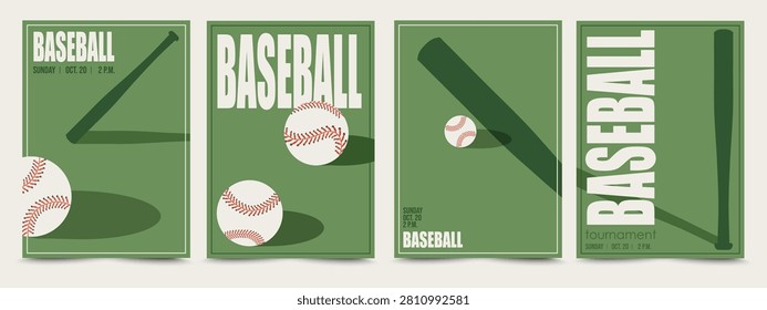 Vintage baseball poster set with bat and ball. Retro sports tournament flyers and event banners, minimalist green layout templates for baseball championship, game and team promotion.