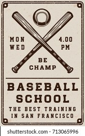 Vintage Baseball School Poster, Template, Banner In Retro Style. Graphic Art. Vector Illustration.
