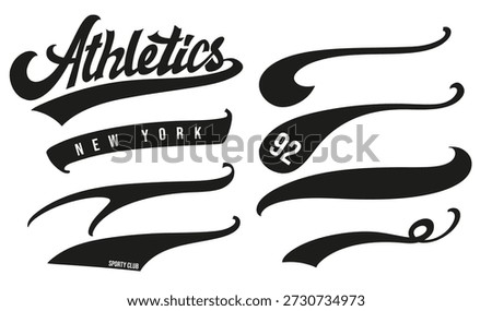 Vintage baseball script swooshes and swashes with dynamic retro wave tails. Athletic lettering and typographic underlines for sports logos, apparel, and branding