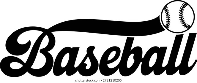 Tipografia de script de beisebol vintage com bola voadora e trilha de movimento
