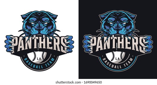 Vintage baseball sports club logotype with aggressive black panther holding team name inscription isolated vector illustration