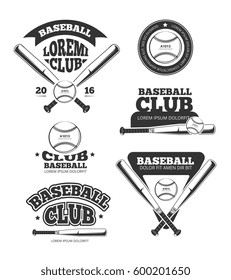 Vintage baseball sports, old vector logos and labels set with bats and softball