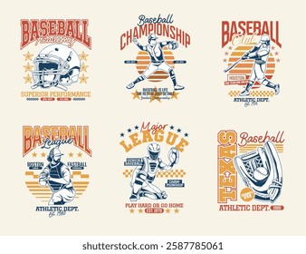 Vintage baseball t shirt designs bundle for print. Baseball vector set with retro style