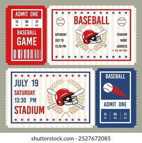 Vintage baseball tickets. Championship invitational cards, american sports game, themed events coupons, helmet, bats, balls, tournament or cup admission card, entrance pass tidy vector set