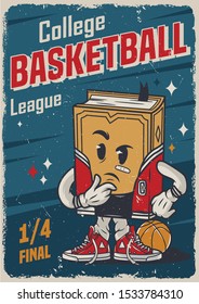 Vintage basketball college league colorful poster with meditative book character vector illustration