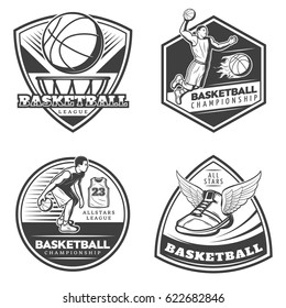 Vintage Basketball Emblems Set With Players Dribbling Slam Dunk Ball In Hoop And Sneaker With Wings Isolated Vector Illustration