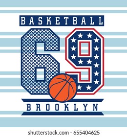 Vintage basketball graphic with  stared numbers and basket ball / Vector T-Shirt artwork design on stripped background.