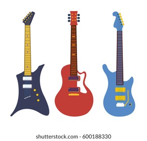 Vintage bass electric rock guitars, string instruments flat vector set