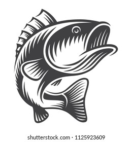 Vintage bass fish concept in monochrome style isolated vector illustration