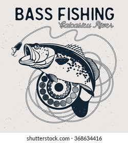 Vintage bass fishing emblem, design element and label