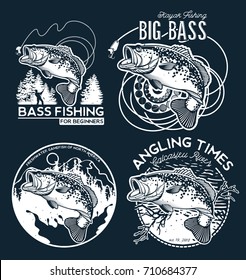 Vintage Bass Fishing Emblems and Labels. Vector Illustration