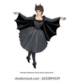 Vintage Bat Girl Illustration – Gothic Halloween Horned Costume Engraving Style