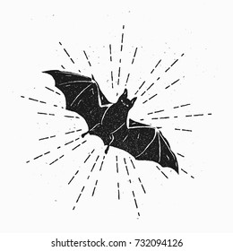 Vintage Bat Illustration. Vector Illustration in retro style with sunburst. Great for halloween celebrating, decoration, banner or using like some design element in logo, emblem or art works.