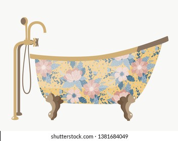 Vintage bath with a beautiful flowers. Vector illustration of retro bath on a white background. Retro bath tub.