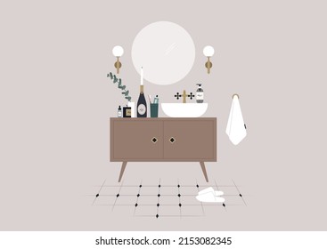 A Vintage Bathroom Interior With A Tile Floor And Round Mirror, No People