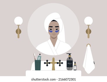 A vintage bathroom interior, a young female Asian character applying beauty eye patches, daily skin anti-age routine
