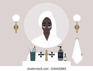 A vintage bathroom interior, a young female African character applying beauty eye patches, daily skin anti-age routine