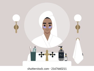 A vintage bathroom interior, a young female character applying beauty eye patches, daily skin anti-age routine