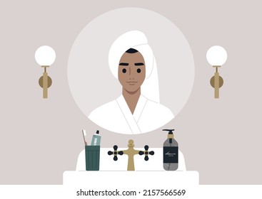 A vintage bathroom interior, a young male Caucasian character is reflected in a round mirror