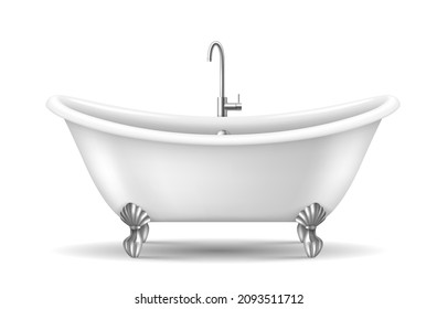 Vintage bathtub for washroom interior. Stylish tub with retro clawfoot and faucet for bathroom isolated on white background. 3d vector illustration