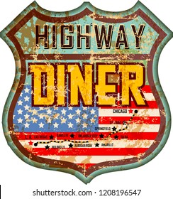 vintage and battered enamel american highway diner sign, retro style, vector illustration