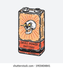 vintage battery illustration with skull image design