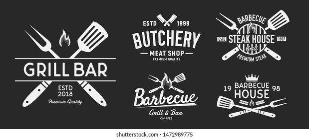 Vintage BBQ badges and labels set isolated on black background. Barbecue logo templates. Vector illustration