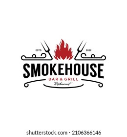 Vintage bbq barbecue barbeque bar and grill logo design with fork and fire design template