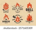 Vintage BBQ emblems with flames, grilling tools. Perfect for branding restaurants, grill houses, or barbecue events. Rustic and retro style. Vector Illustration.