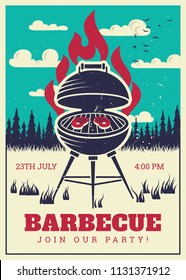 Vintage bbq grill party poster. Delicious grilled burgers, family barbecue vector invitation card. Barbecue vintage grill party illustration