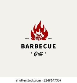 vintage BBQ icon illustration, grill house and bar with grill and fire for barbecue restaurant logo design