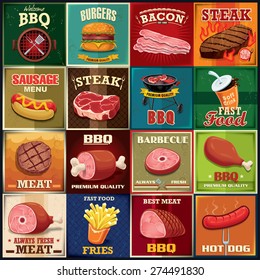 Vintage BBQ meat poster design set