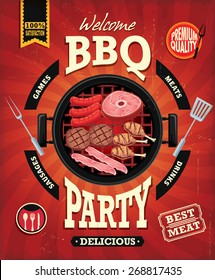 Vintage BBQ party menu poster design with sausage, meat, beef. chicken, bacon