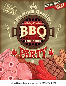 Vintage BBQ party menu poster design with sausage, meat, beef. chicken, bacon 