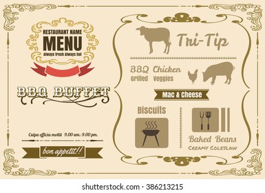 Vintage BBQ party menu poster design with  meat, beef. chicken ,pork vector format eps10