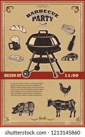 Vintage bbq party poster template. Grill, steak, meat, beer bottle and mug. Cow, pork, chicken butcher diagram. Vector illustration